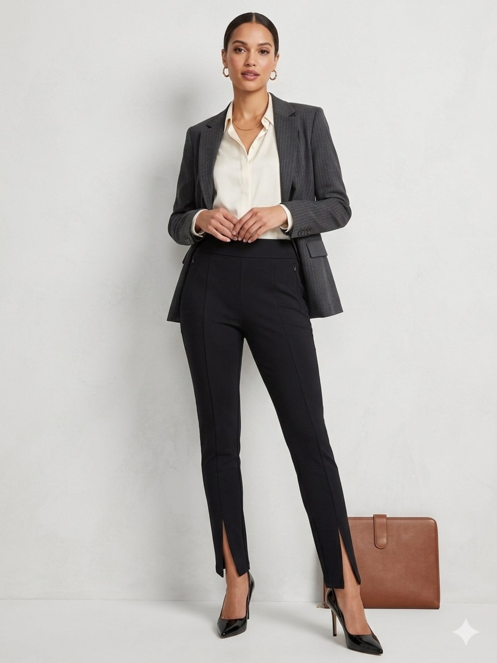 NEW LOFT Black Ponte Knit Skinny Ankle Pants Front Seam Split Hem Pockets Medium